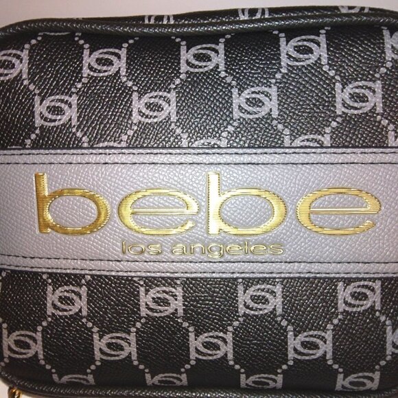 BEBE BLACK & GRAY GOLD MONOGRAM LEATHER CAMERA BAG CROSSBODY PURSE - NWT - Picture 3 of 12